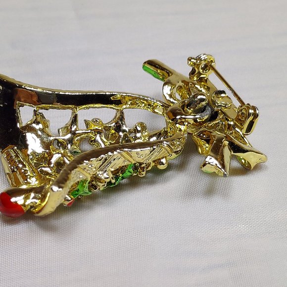 Christmas Holiday Rhinestone Gold Dangler Bell Brooch Sparkler Pin Red Green - Picture 5 of 7